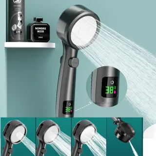 Shower Head High Pressure Digital Display Four Modes Handheld Bathroom Shower Accessory Water Saving Pressurized Adjusta