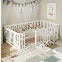 BlingBin Kinderbett 90x200 mit Rausfallschutz, Holzbett Massivholz Kiefer (Holzbett, 1-tlg., 1tlg), Bodenbett mit Zaun halbgeschlossen, Montessori Bett Kinder