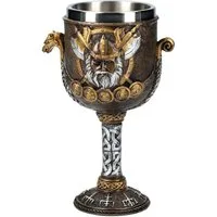 Figuren Shop GmbH Becher Kelch - Wikinger mit Schiff - Fantasy Götter Deko, Kunststein (Polyresin), Edelstahl