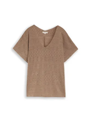 Tom Tailor - Loose Fit Ajour T-Shirt taupe grey - Gr. - XS