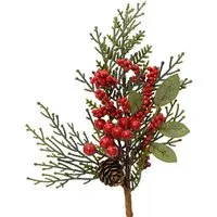 Kunstzweig, Kaemingk, Künstlicher Zweig 26cm mit Zapfen und roten Beeren 1 Stück Grün / Rot