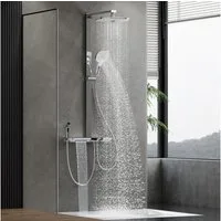 HOROW Duschsystem mit Thermostat Regendusche Duschset mit Ablage und Kopfbrause, 3 Strahlart(en), Regendusche Set, Hohenverstellbar, mit Spritzbrause, Piano-Tasten, Chrom/Felsgrau