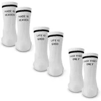 Made by Nami Socken Crew Socks 3-er Set aus Baumwolle, Herren & Damen (Set, 3er Set) Weiße Retro Tennis Socken mit Sprüchen, "Heaven" "Life" "Vibes"