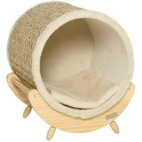 PawHut Tierbett Katzenhöhle mit Kratzfläche inkl. Kissen, Kratztonne, 41 x 38 x 43 cm, Kiefernholz Flanell Khaki+Natur+Beige 41 x 38 x 43 cm