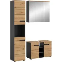 welltime Badmöbel-Set REHAT, 3-teilig, Breite 133 cm, mit grifflosen Fronten, bestehend aus:, (3-St), 1x Hochschrank, 1x Waschbeckenunterschrank & 1x Spiegelschrank