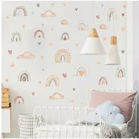 Montegoni Wandtattoo 3 Bögen Kinder Wandsticker (Wandaufkleber mit Regenbogen Herzen Sterne Wolken Muster, Dekoration Kindergarten Heimdekoration), Wandaufkleber für Mädchenzimmer, Babyzimmer