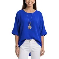 dy_mode Kurzarmbluse Damen Bluse Oversize Tunika Leichte Viskosebluse Oberteil Einfarbig in Unifarbe, High-Low Saum, mit passende Kette