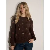 Apricot Strickpullover Oberteil aus Pointelle-Strick mit Blumenstickerei