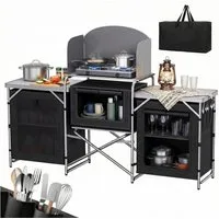 Sekey Campingtisch Klappbar Campingschrank XXL Faltbar Campingküche mit Aluminiumgestell, inkl. Windschutz und Tragetasche, mit Arbeitsplatte und 5 Staufächern
