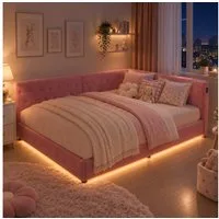 Simurq Polsterbett Daybett mit LED-Beleuchtung & USB, Tagesbett Jugendbett (Packung, 1-tlg., Teddysamt, in 2 Größen verfügbar), Schlafsofa Sofabett Doppelbett