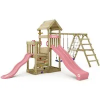Wickey Klettergerüst SkyFlyer Spielturm mit 2 Podesten, 2 Rutschen & Doppelschaukel, (Wetterfester Massivholz Kletterturm für Outdoor-Abenteuer, Kletteranbau fördert Gleichgewicht, Bewegung & Motorik), Abenteuer für kleine & große Kinder mit 10 Jahre