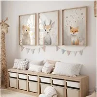 WANDKIND Poster Waldtiere Abenteuer Bär Fuchs Reh 3er Set P797, Kinder Poster