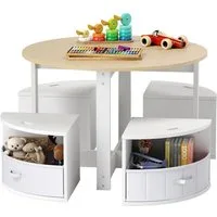 COSTWAY Kindersitzgruppe, (5-tlg), Kinderschreibtisch, 4 Hocker, mit 4 Schubladen