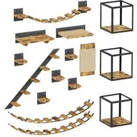 QLS Katzen-Kletterwand LOFT Wand- & Deckenmontage, Set Aus Metall pulverbeschichtet und Holz Geflammt 15 Teilig
