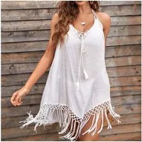 MOPUEA Sommerkleid luftiges Sommerkleid mit spaghettiträgern und sexy fransenlook (Strandkleid für Urlaub, Pool und entspannte Sommertage, Leicht faltbar, ideal für Reisen ohne viel Gepäck) Luftig, locker, knitterarm und angenehm kühl