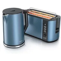Arendo Frühstücks-Set (2-tlg), Edelstahl Wasserkocher 1,5l, 4-Scheiben Langschlitz Toaster, Blau Matt