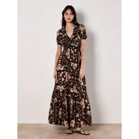 Apricot Druckkleid Gemustertes Maxikleid mit Smokband und Volant