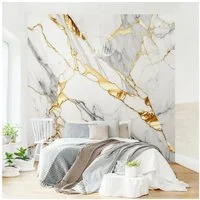 Bilderdepot24 Fototapete Weißer Marmor Goldeffekt Steinoptik, Glatt, Matt, (Vliestapete inkl. Kleister oder selbstklebend), Wohnzimmer Schlafzimmer Küche Flur Motivtapete Vliestapete Wandtapete