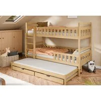 Kids Collective Etagenbett Hochbett Stockbett Kinderbett 90x200 cm mit Ausziehbett und Schubladen (Umbaubar zu 3 Einzelbetten), mit Lattenrosten & Rausfallschutz natur