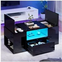 Merax Couchtisch Sofatisch Beistelltisch mit LED-Beleuchtung (100x50x40cm, 1-St), Wohnzimmertisch mit Schublade, Staufächern & 2 verdeckte Stauraum