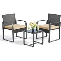 Blishom Balkonset 3-tlg. Garten-Sitzgruppe 2 Gartensessel Glas-Beistelltisch, 2 Gartensessel mit abnehmbaren Sitzkissen wetterfest