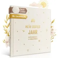 Eulentaler Tagebuch I Babyalbum mein erstes Jahr I Mit Leinen & Goldprägung, im Boho Stil, mit handgemalte Illustrationen & allen Meilensteinen