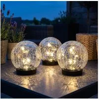 Expo Börse LED Dekolicht, LED-Leuchtmittel fest verbaut, Warmweiß, 3x Solarleuchte Außen Balkondeko Crackle Glaskugel klar LED D 12 cm
