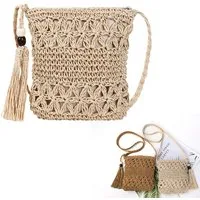 Oemmn Schultertasche Strandtasche für Damen, gehäkelte Sommertasche,Sommertasche, Geflochtene Tasche Boho,Vintage Strandtasche aus Stroh mit Quaste