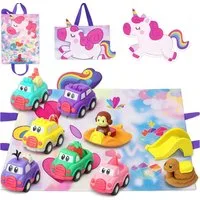 seveclotree Spielzeug-Auto 10-teiliges Auto Spielzeug Set ab 1 2 3 Jahre Mädchen Jungen Einhorn, (Spielzeugautos Set für Mädchen & Jungen ab 1 2 3 Jahre, Motorik & Spaß, 10-tlg., 6 Autos, Rutsche, Wippe, Trojaner & Einhorn Tasche, 10-teiliges Set), A
