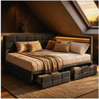 Simurq Polsterbett Tagesbett L-Form 140x200 mit LED, USB & 2 Schubladen (Bettgestell mit Lattenrost und 2 Schubladen, Bettgestell mit Kopfteil, Lattenrost, 2 Schubladen, ohne Matratze), L-Form, links/rechts montierbar, 140x190/140x200 cm