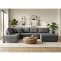 Massivart® Wohnlandschaft Cord grau 324 cm / Schlaffunktion & Bettfunktion / MANDALIA, Nosagunterfederung · frei im Raum stellbar · inkl. 8 Kissen