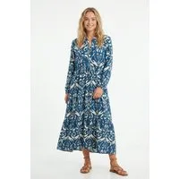 Kendindza Collection Sommerkleid Sommerkleid Damen Lang Viskose Elegantes Maxikleid lang Maxi Kleid Ikat-Print Knopfleiste & Schnurbund, Luftig Leicht