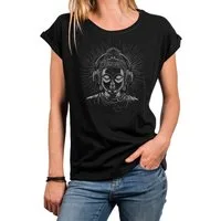 MAKAYA Print-Shirt Damen Buddha Motiv Kopfhörer Yoga Frauen Tops Sportlich Lässig Modern (Schwarz, Blau, Grau, 34, 36, 38, 40, 42, 44, 46, 48, 50) aus Baumwolle