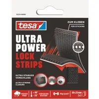 tesa Klett-Klebeband Ultra Power Lock Strips, extra starkes selbstklebendes Klettband (Packung, 1-St., 4 Strips mit Klettverschluss (50 x 25 mm), hält bis zu 4 kg/Packung) wetterbeständig, temperaturresistent, geeignet für innen und außen