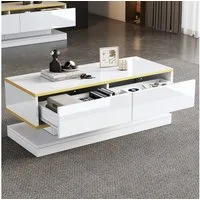 Merax Couchtisch hochglanz Sofatisch Beistelltisch in Warmweiß (1-St., 1 Tisch), Beistelltisch Wohnzimmertisch mit 2 Schubladen,Goldkante, 100x50x38cm
