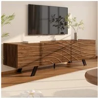 Odikalo Lowboard TV-Schrank TV-Bank mit Eisenbeinen (mit Wellenfront – Lowboard im Walnuss-Look mit schwarzen Eisenbeinen, großem Stauraum, Kabelmanagement & Ablage – TV-Möbel für Wohnzimmer, Flur (160×39×50.5 cm)