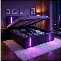 PXloue Polsterbett LED Doppelbett 140x200 cm (Inklusive USB-Typ-C-Ladeanschluss), Stauraumbett,mit Verdickter Lattenrost,Kunstleder,140x200 cm