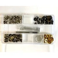 meytrade Druckknopf Set in vier Farben gold, silber, schwarz, kupfer mit Werkzeug und Box, Druckknöpfe bestehen aus vier Einzelteilen und verschiedenen Farben
