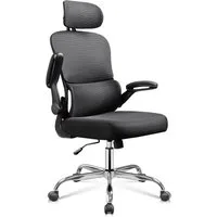 DEVAISE Bürostuhl Ergonomischer Drehstuhl mit 3D-Kopfstütze, Lordosenstütze (90° klappbaren Armlehnen), Mesh-Rücken, Wippmechanik 90–125°, bis 136 kg