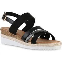 VAN HILL 21674639 KY S239 Damen Sandaletten Black 39 Keilsandalette Damen Keilsandaletten Sandalette Metallic Bast Profil-Sohle