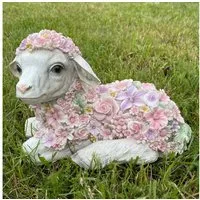 Online-Fuchs Gartenfigur süßes LIEGENDES SCHAF mit Blumen verziert Lamm Deko Outdoor Tiere, 24x13x17 cm groß witterungsbeständig