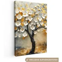 OneMillionCanvasses® Leinwandbild Baum - Blumen - Gold - Beige, Fotodruck (1 St), Leinwand Canvas Wandbild, Wanddekoration 20x30 cm