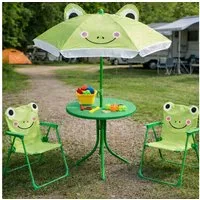 Koopman Garten-Kindersitzgruppe Sitzgruppe Strandstuhl Strandschirm Tisch Kindermöbel 4tlg, (Set, 4-tlg., Packung), Frosch-Design, Faltstuhl, Grün, Schattenspender, Outdoor