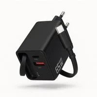Alpha Electronics 65W GaN 3-Port USB C Ladegerät mit Einziehbarem Schnellladekabel Universal-Ladegerät (3250 mA, Spar-Set, 1-tlg., Kompaktes Reise-Netzteil für Smartphone, Tablet & Laptop Schwarz Weiß, 3-in-1 Schnellladegerät, PD Fast Charger mit USB