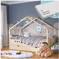 Bellabino Hausbett Bela 90x200 cm aus Massivholz Kiefer (natur mit 1 Schublade & Matratze), Kinderbett mit verstellbarem Rausfallschutz