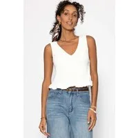 SASSYCLASSY T-Shirt Rüsschentop Damen mit V-Ausschnitt Ärmelloses Top Rüschenabschluss am Saum weiß schwarz rosa buttergelb