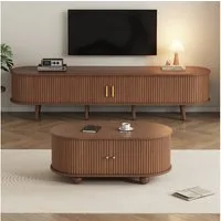 MODFU Wohnzimmer-Set TV-Schrank & Couchtisch Set, (ovale Kombination in Originalholzfarbe, Fernsehtisch, TV-Ständer, 1-St., zentrale Doppelschublade, natürliche Textur), mit Beidseitig geschwungene, vertikal geprägte Schiebetür