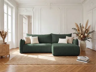Ecksofa Schlafsofa MAILAND in Stoff Tilia Grün Ottomane Rechts