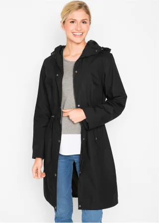 bonprix Parka mit Kapuze, schwarz, Gr.40, Locker geschnittener Longparka mit Kapuze, tailliert, aus 100% Baumwolle