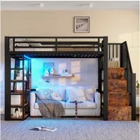 Odikalo Hochbett Metallbett 90x200 140x200 mit Stauraum,LED (Hochbett, 90 x 200 cm, Eisenrahmen, Ablagefach, integrierte Stufen, Schutzgeländer, Leiter, mit LED-Lichtleiste, offener Stauraum unter dem Bett, Matratze nicht im Lieferumfang enthalten)